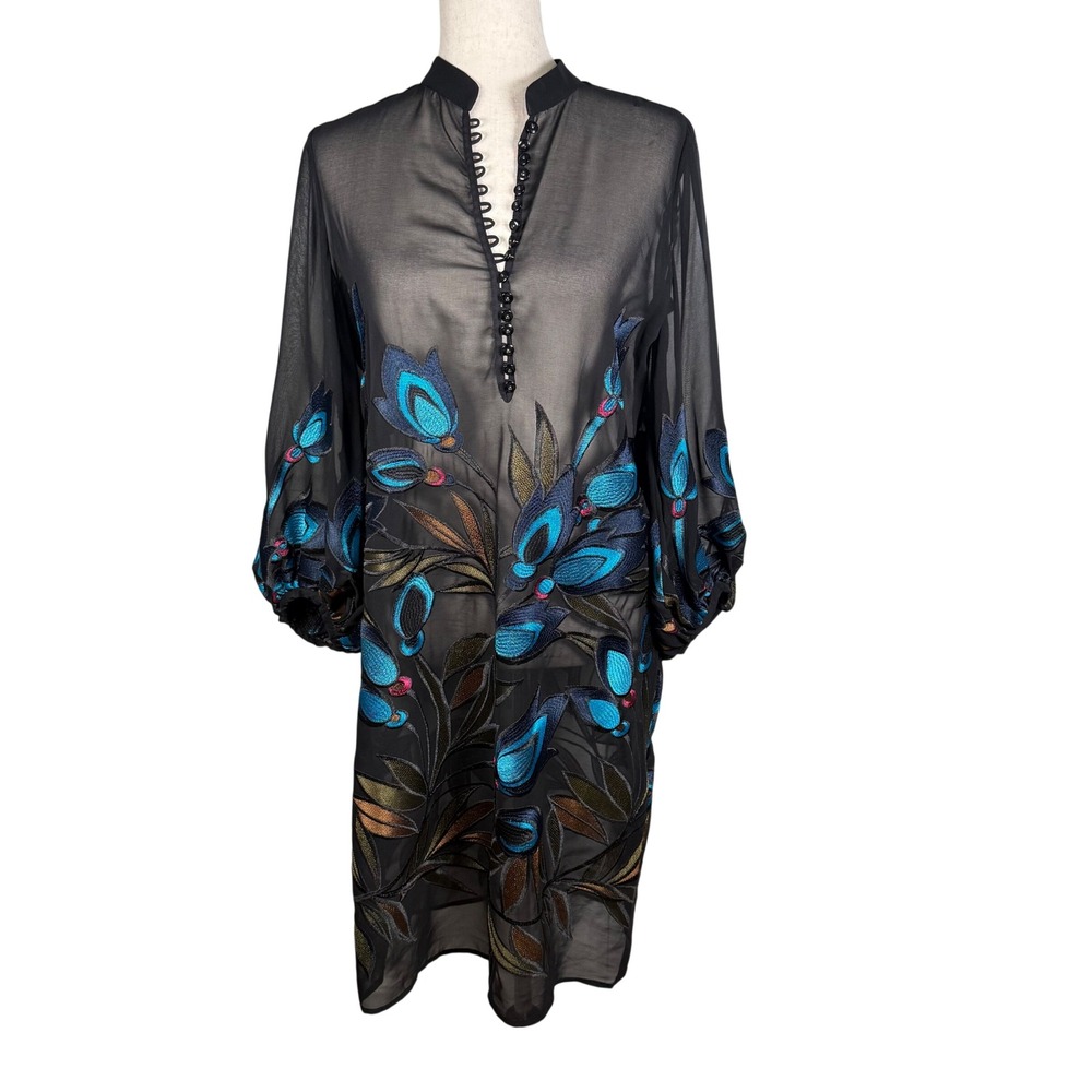 Trina Turk Embroidered‎ Silk Tunic Dress Womens S Black Blue Boho Sheer Luxury